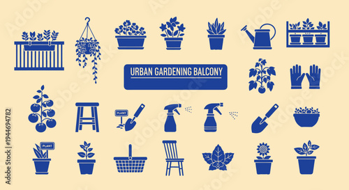 Urban Balcony Gardening Icons: Plants, Tools, Watering Can, Gloves