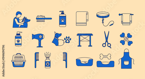 Dog grooming tools and accessories flat design icons set