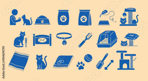 Cat Care Icons: Pet Supplies, Accessories, and Toys - Blue Silhouettes