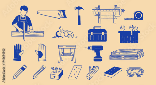 Woodworking Tools and Craftsman Set - Vector Icons for DIY and Carpentry Projects