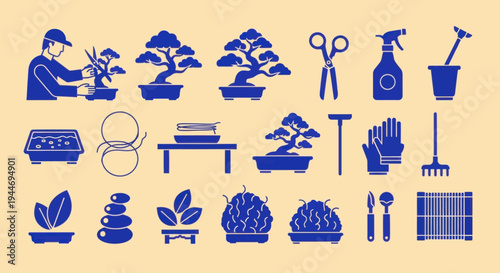 Bonsai Tree Gardening Icons Set, Blue Silhouette on Beige Background