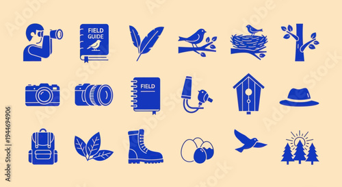 Birdwatching Icons Collection: Nature, Ornithology, Field Guide, Camera, Binoculars