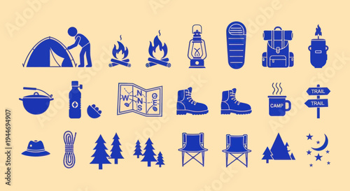 Camping Gear Icons Set: Tent, Fire, Lantern, Backpack, Boots, Map, Chair, Trees
