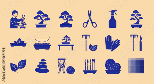 Bonsai Tree Care Icons: Cultivation, Tools, and Elements
