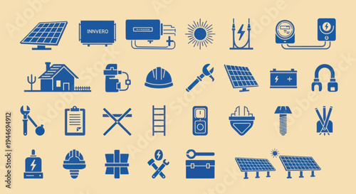 Solar Energy Icons: Renewable Power, Battery, Tools, and House