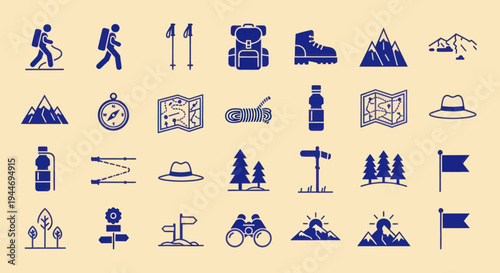 Hiking and Camping Icons Set: Backpack, Boots, Map, Compass, Tent, Mountains, Nature