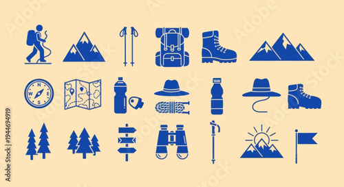 Hiking and Camping Gear Icons Set - Blue on Beige Background