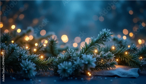 Celebrate the winter holiday season with a festive green fir Christmas tree decorated with glowing lights, gold ornaments, and a red star on a pine branch background for a merry New Year