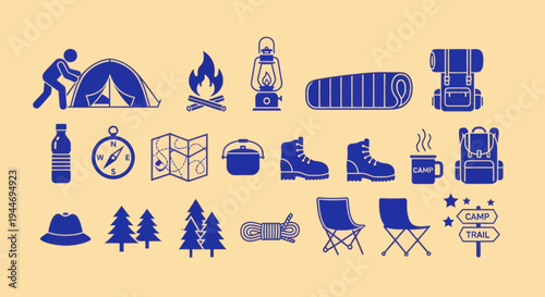 Camping Gear Set: Tent, Backpack, Boots, Lantern, Sleeping Bag, Map, Compass, Fire