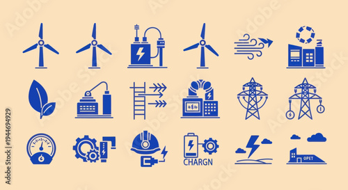 Renewable Energy and Power Generation Icons - Wind, Solar, Electricity, Industry