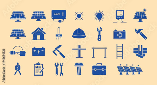 Solar Energy Icons: Renewable Power, Technology, and Construction Elements Collection
