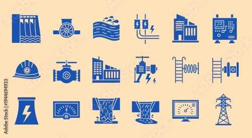 Hydroelectric Power Generation Icons: Dam, Turbine, Water Flow, Power Lines