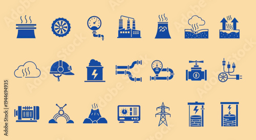 Industrial Energy Icons Set: Power Generation, Industry, and Infrastructure Symbols