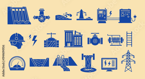 Hydroelectric Power Generation Icons: Dam, Turbine, Generator, Transmission Tower