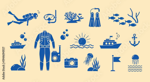 Scuba Diving Icons Set: Equipment, Marine Life, and Water Activities