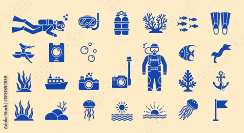 Scuba Diving Icons Set: Snorkeler, Diver, Equipment, Underwater Life, and Boat