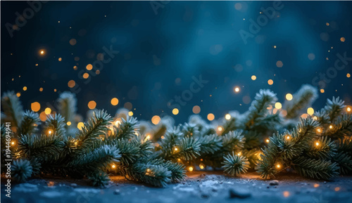 Celebrate the winter holiday season with a festive green fir Christmas tree decorated with glowing lights, gold ornaments, and a red star on a pine branch background for a merry New Year