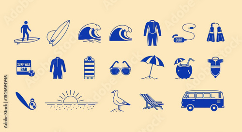 Summer Beach Vacation Icons: Surfing, Sun, and Relaxation Vector Set