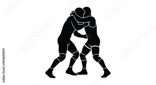Two wrestlers grappling intensely in a dynamic black silhouette