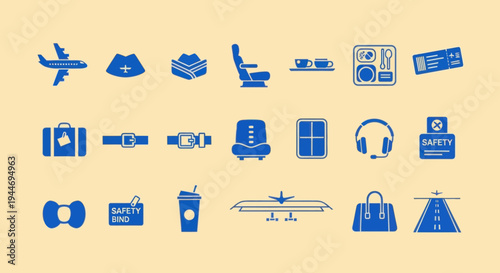 Airplane Travel Icons Set: Flight, Comfort, Safety, Luggage, Food, Tickets
