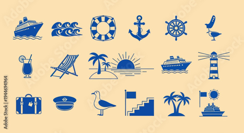 Nautical and Travel Icons: Cruise Ship, Beach, Anchor, Lighthouse, Seagull