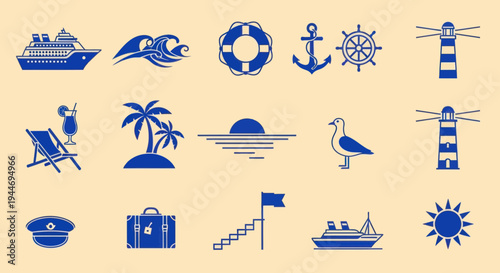 Nautical Icons Set: Cruise Ship, Lighthouse, Anchor, Palm Tree, Sunglasses, Seagull, Sun