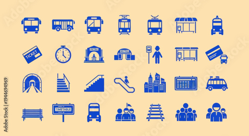 Public Transport Icons: Bus, Train, Subway, Station, Ticket, Escalator, City, People
