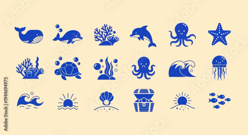 Ocean Life Icons: Whale, Dolphin, Octopus, Turtle, Starfish, Jellyfish, Treasure Chest