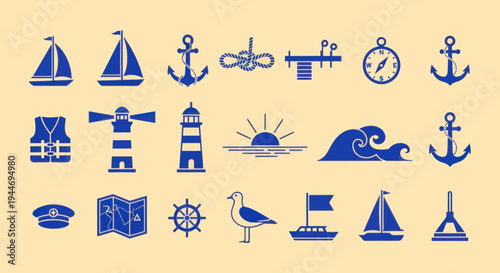 Nautical Icons Set: Sailing, Anchors, Lighthouses, Waves, and Compass