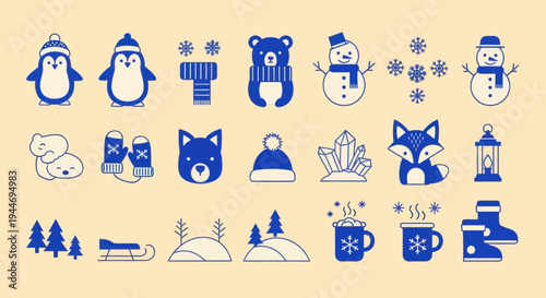 Winter Icons Set: Penguins, Snowman, Bear, Fox, Mittens, Hot Drink, Sled