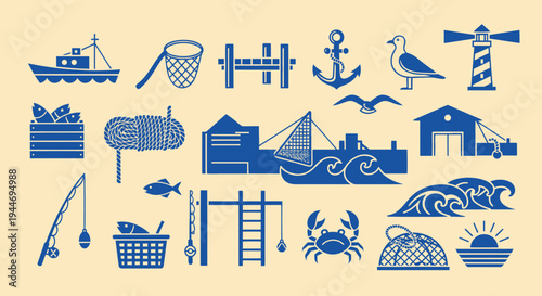 Nautical Icons Set: Fishing, Boating, Lighthouse, Seagulls, Waves, Crab