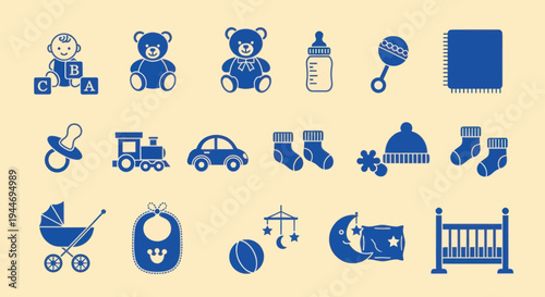Baby Icons Set: Toys, Clothing, and Essentials - Blue on Cream