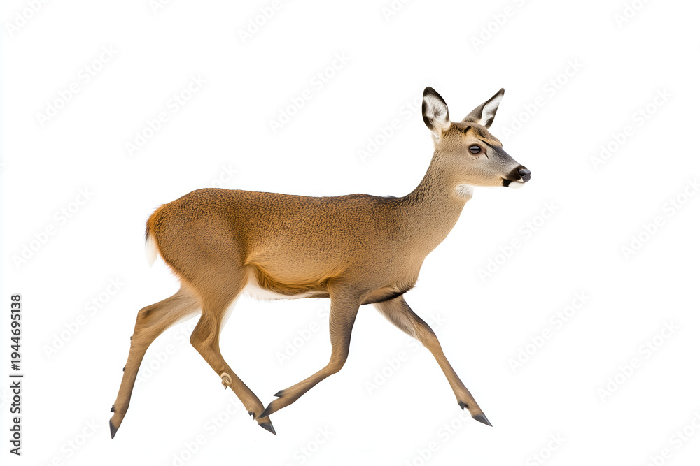Fototapeta premium Young deer walking gracefully forward isolated on a pure white background