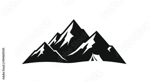 Dramatic mountain range with a tent depicted in black silhouette