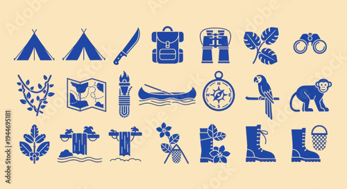 Jungle Adventure Icons: Tropical Exploration and Camping Elements