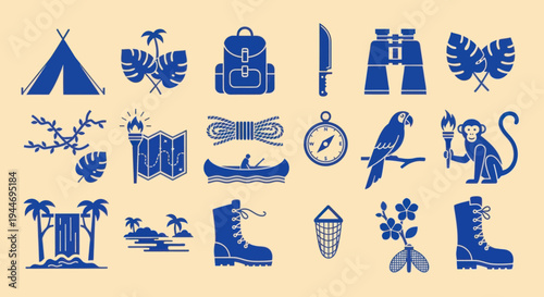 Adventure Icons: Camping, Hiking, Travel, and Jungle Expedition Gear Set