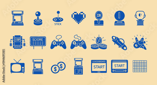 Retro Gaming Icons: Arcade, Joystick, Pixel Heart, Controller, TV, Coins, Start