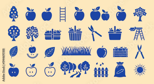 Apple Orchard Icons: Harvesting, Trees, Fruit, and Tools Set