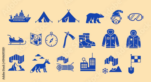 Arctic Exploration Icons: Ship, Tent, Polar Bear, Sled, Map, Compass, Ice Axe, Parka