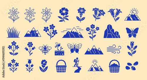 Alpine Flora and Fauna Icons: Mountains, Flowers, Bees, Butterflies, Hiking