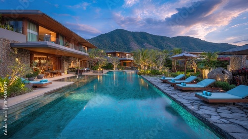 Luxury resort pool with lounge chairs and mountain view at sunset