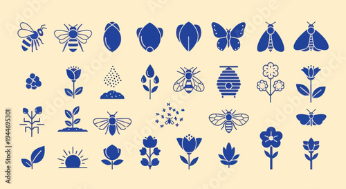 Set of Blue Insect and Flower Icons on Beige Background