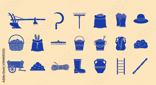 Set of Blue Farming Tools and Equipment Icons on a Beige Background