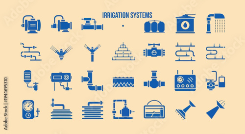Irrigation Systems Icons: Pumps, Sprinklers, Valves, Tanks, and Controls