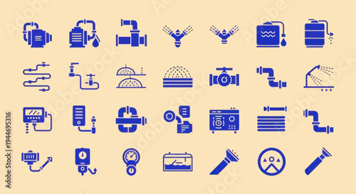 Irrigation System Icons: Pump, Sprinkler, Valve, Tank, Meter, Pipes
