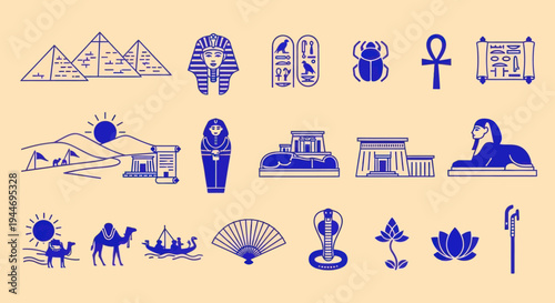 Ancient Egypt Icons: Pyramids, Pharaoh, Sphinx, Scarab, Camel, Hieroglyphs