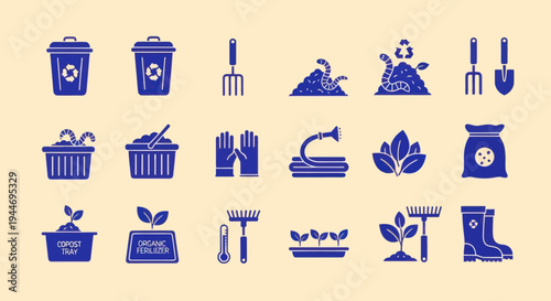 Gardening Icons Set: Compost, Tools, Plants, Soil, and Supplies