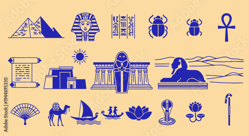 Ancient Egypt Icons: Pyramids, Sphinx, Pharaoh, Hieroglyphs, Scarab, Ankh, Camel, Nile