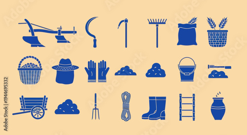 Farm Tools and Equipment Icons Set: Agriculture, Farming, Gardening Supplies