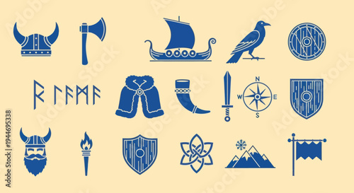 Viking Symbols and Icons Collection: Axe, Helmet, Ship, Sword, Runes, Compass, Shield
